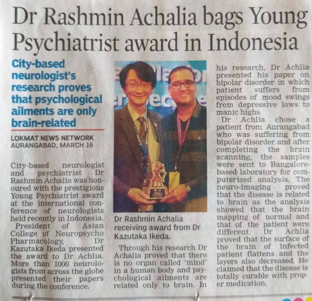 Dr Rashmin Achalia bags Young Psychiatrist Award in Indonesia